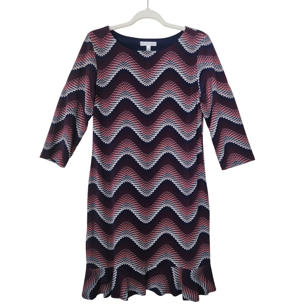 Sandra Darren Women Navy Red White Chevron Zigzag Ruffle Hem Dress 6